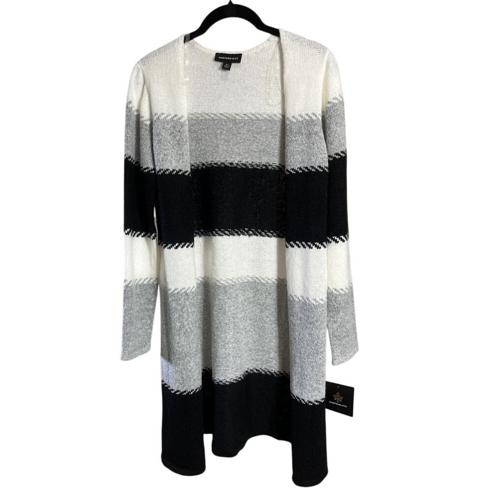 Fortune + Ivy Striped Duster Cardigan Long Sleeve XS Black Gray White Sweater